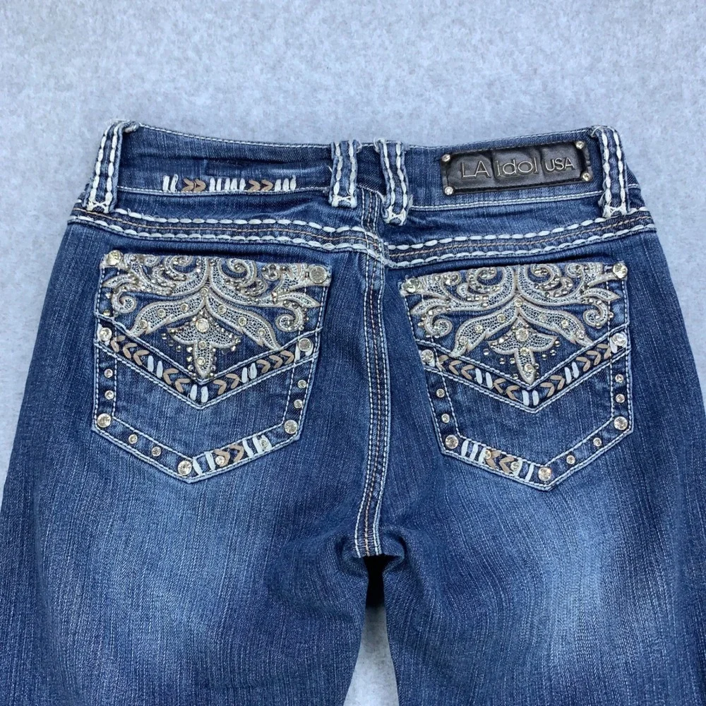 L.A. Idol Bootcut Jeans Womens 7 Blue Rhinestone Embroidered Pockets Stretch